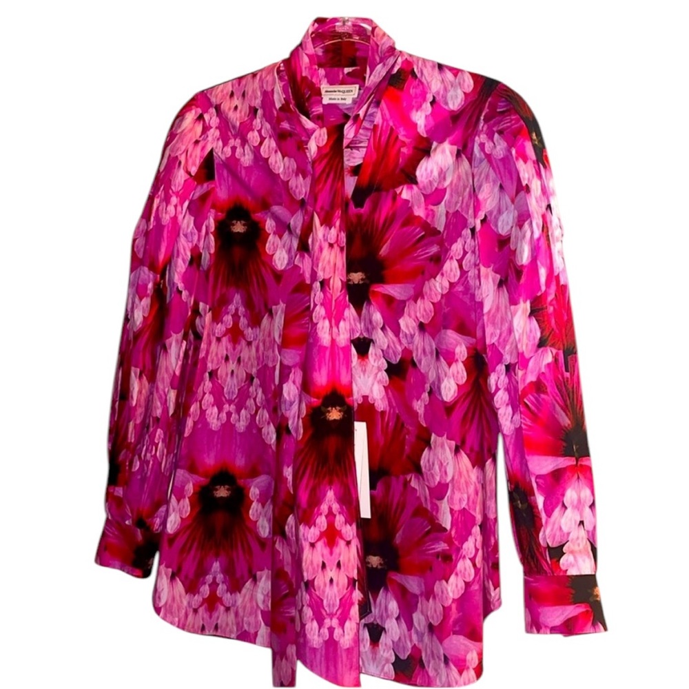Alexander McQueen Silk Floral Blouse Fuchsia Pink Tie Neck Size 6 NWT